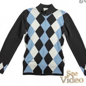 👛(ANY 2/$25) ALLISON DALEY Blue/White/Grey Full Zip Argyle Sweater.